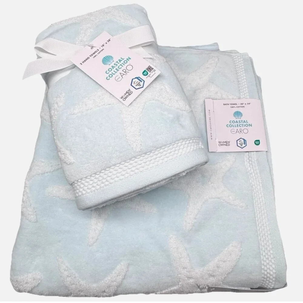 4pc Caro Home Light Blue Starfish 2 Bath 2 Hand Towel Set Ocean Coastal Beach